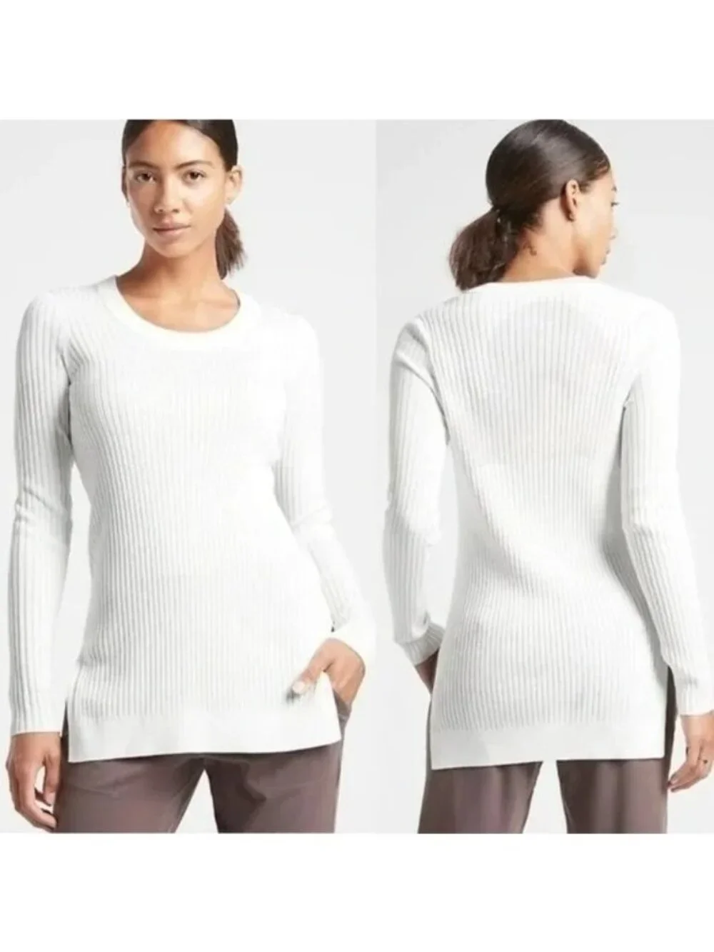 Athleta Womens White Lincon Park Ribbed Side Slit Long Sleeve Sweater Size Large